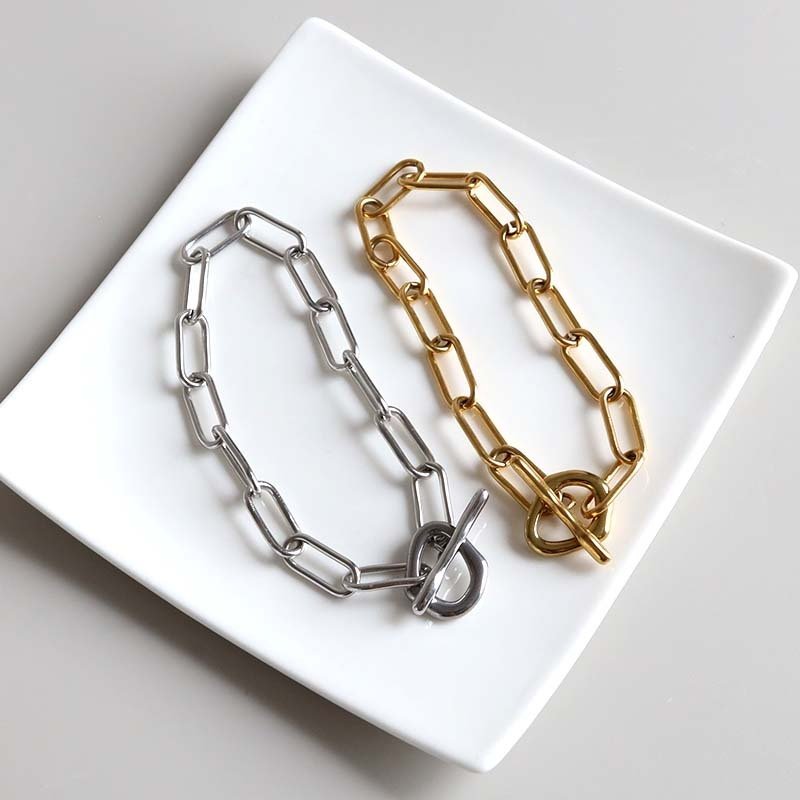 ステンレス マンテルブレスレット 2カラー チェーンブレスレット Hクリップ レディース ペーパークリップチェーン 変形マンテル オーバルリンク シルバー ゴールド 個性的 大ぶり モード きれいめ おしゃれ 腕輪 女性用