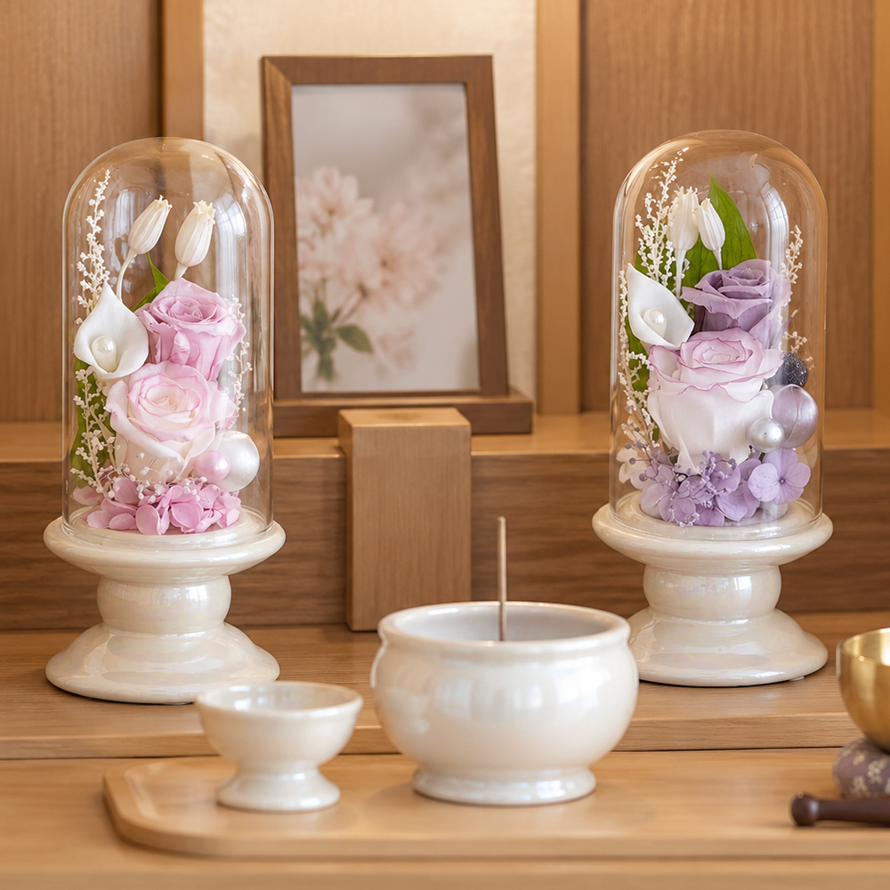 ☆プリザーブドフラワー お供え花 ガラスドーム仏花 ローズメモリー☆ プリザーブドフラワー お供え花 仏花 ガラスドーム仏花 プリザーブドフラワー 仏花 お供え プリザーブドフラワー ローズ バラ ピンク ラベンダー パープル 枯れない仏花 水替え不要 お手入れ簡単 ギフト プレゼント