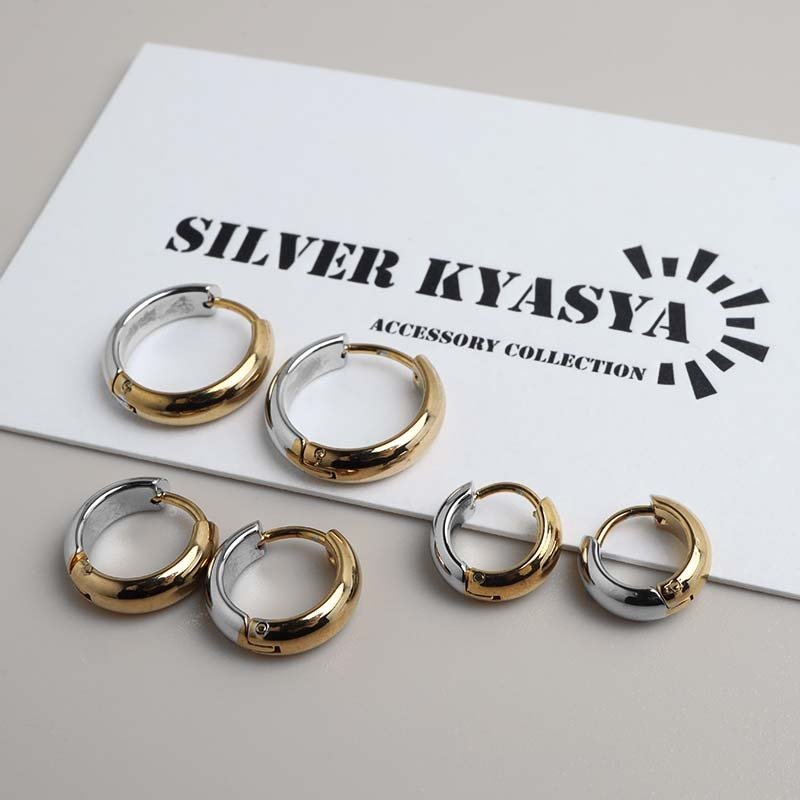 ステンレス 定番 フープピアス コンビ シンプルピアス ゴールド ミックス バイカラー シルバー 幅4mm 3サイズ プチプラ メタル 小さめ 細身 プレーン ノーマル つやつや 両耳2点 レディース イヤリング 女性 金属アレルギー対応