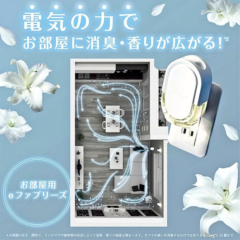 ファブリーズ eファブリーズ（プラグタイプ） お部屋用 ホワイトリリーの香り プラグ本体＋付け替え3個 (26mL×3) 50日間香り安定 最大5か月分 #78877 玄関 リビング 消臭芳香剤 コンセント式芳香剤