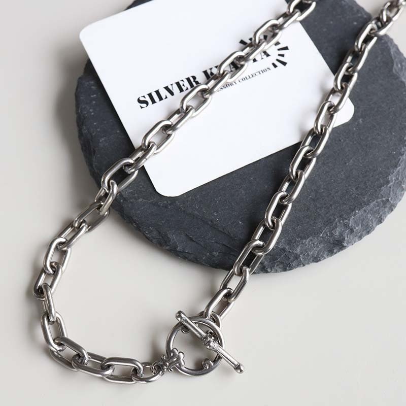 チタン製 軽い あずきチェーンネックレス 長小豆 マンテルネックレス チタンネックレス 幅7mm シルバー 燻し風加工 つけっぱなし メンズ 男性 金属アレルギー対応