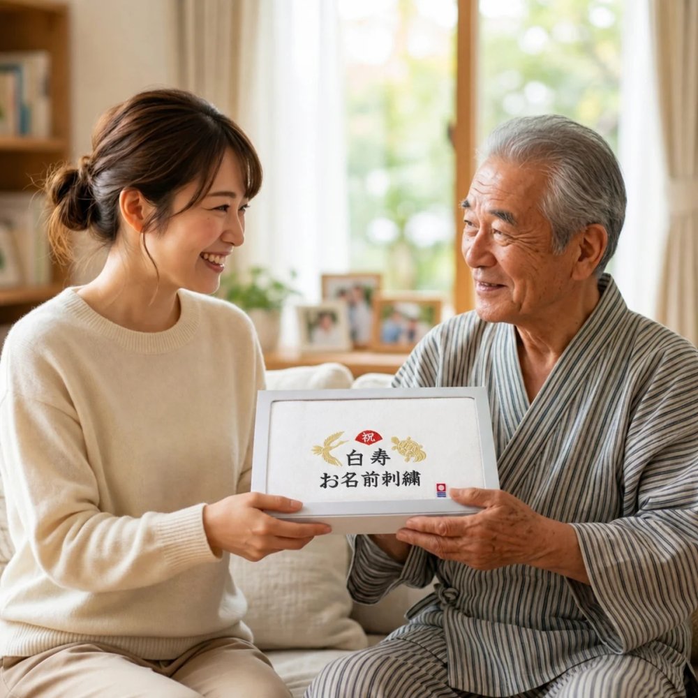 白寿祝い 99歳 名入れ刺繍付き 今治オーガニック フェイスタオル ホワイト 箱入り ギフト