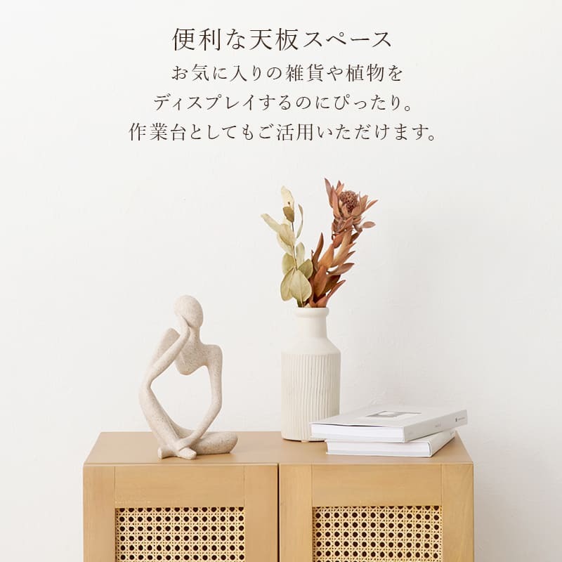 ラック 韓国風 キャビネット 天然素材 藤 ラタン 編み 手作業 整理 収納力 木目調 通気性 扉収納 リビング収納 小物 本 雑誌 作業台 幅54cm おしゃれ 天然木 ワンルーム 一人暮らし ナチュラル かごめ編み RCC-1240 新生活