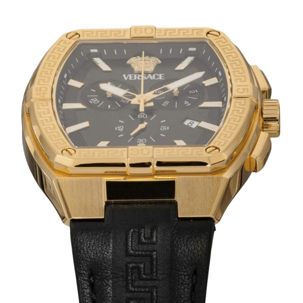 ヴェルサーチェ 腕時計 メンズ ゴールド ブラック クロノグラフ 44mm VERSACE SPORTY TONNEAU GRECA スポーティ トノー グレカ 黒 レザー 革ベルト スイス製 高級 ブランド おしゃれ プレゼント ギフト 卒業 入学 お祝い