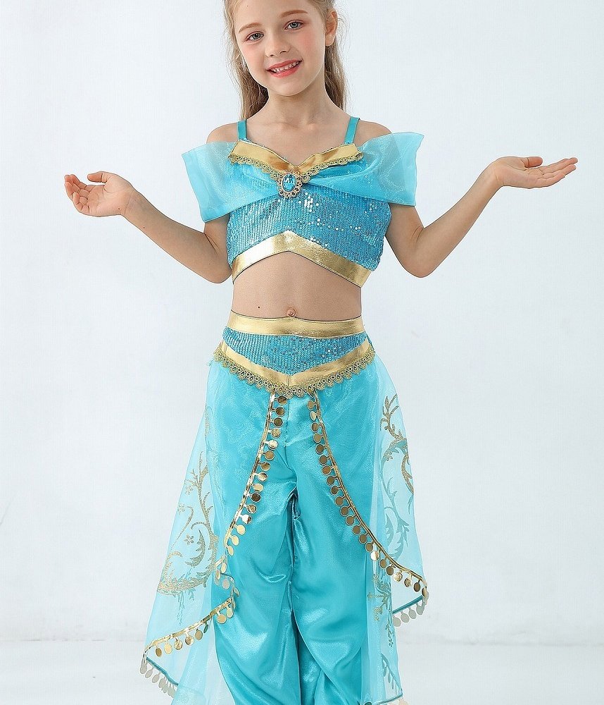 ジャスミン 衣装 子供 アラジン プリンセス ドレス 子供用 ハロウィン クリスマス 仮装 コスプレ アラビアン 女の子 ダンス衣装 お姫様 仮装 なりきり コスチューム TDL パーティー  舞台 誕生日 プレゼント ギフト ビスチェ パンツ ヘアバンド ティアラ 4点セット