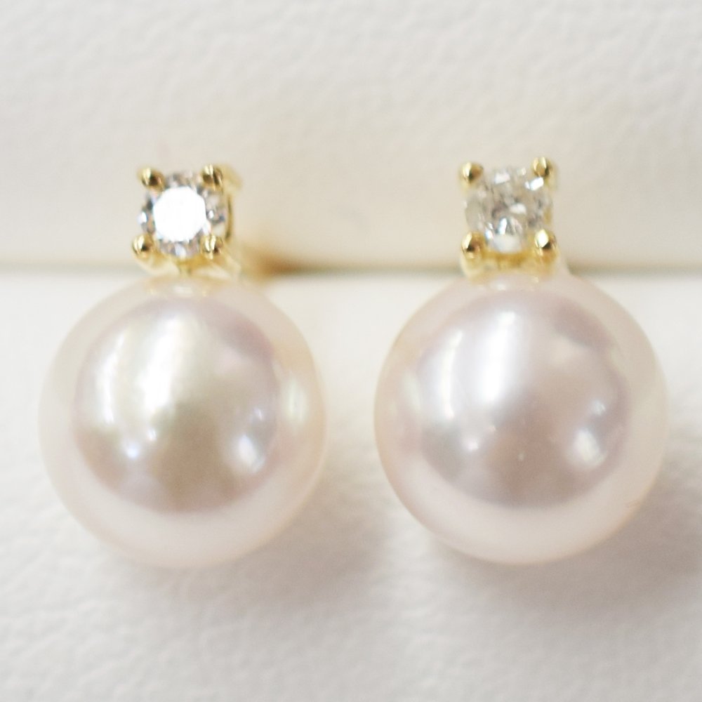 ［pearl575］ 7.5mm -  8mm パール ピアス ダイヤ あこや真珠 K18YG K18WG ダイヤモンド 0.05ct 珍珠 天草