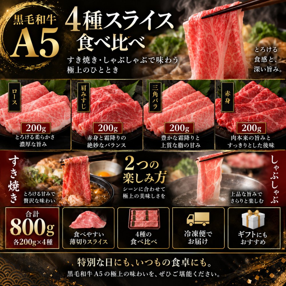A5黒毛和牛 薄切り4種食べ比べ 800g 400g×2パック ロース 肩みすじ 三角バラ 赤身 肉ギフト