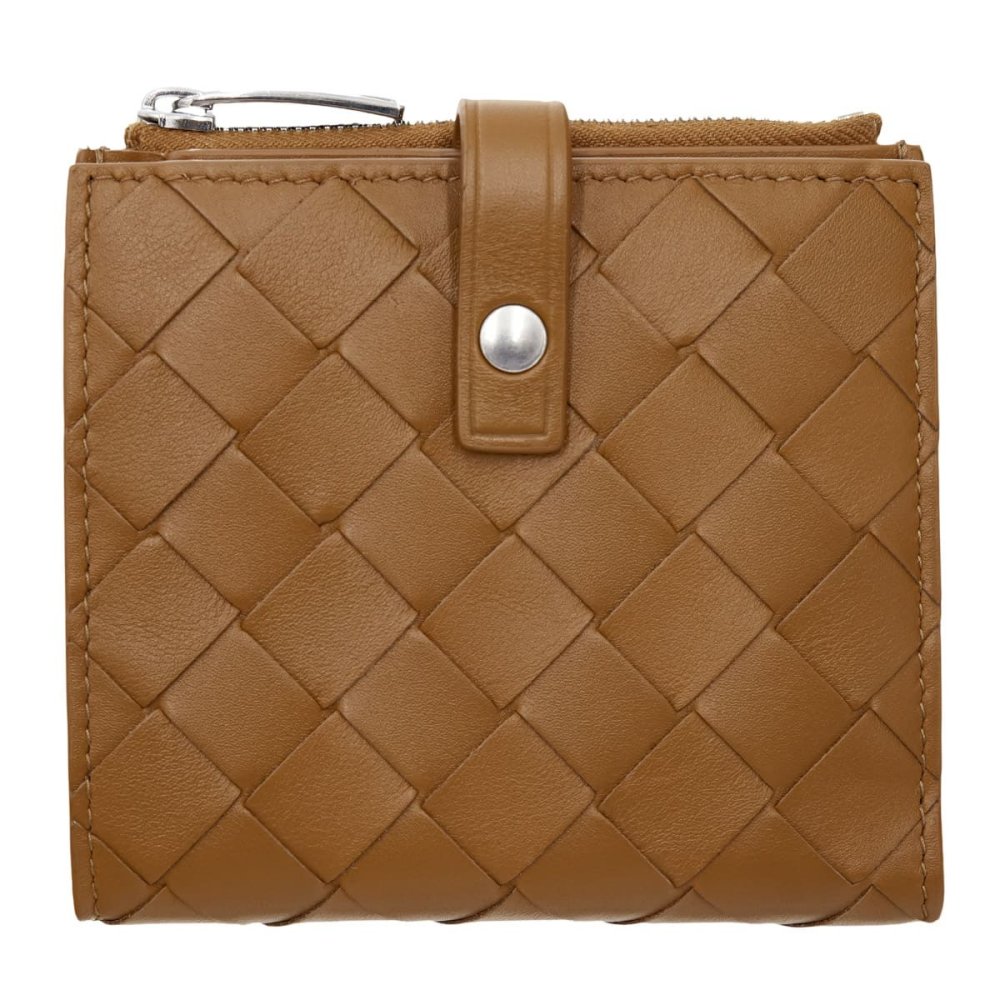 ボッテガヴェネタ BOTTEGA VENETA 二つ折り財布 レディース イントレチャート キャメル ブラウン 茶 小銭入れ付き ミニ財布 本革 ラムレザー ファスナー小銭入れ カード入れ6つ 600270 V48A1 2596