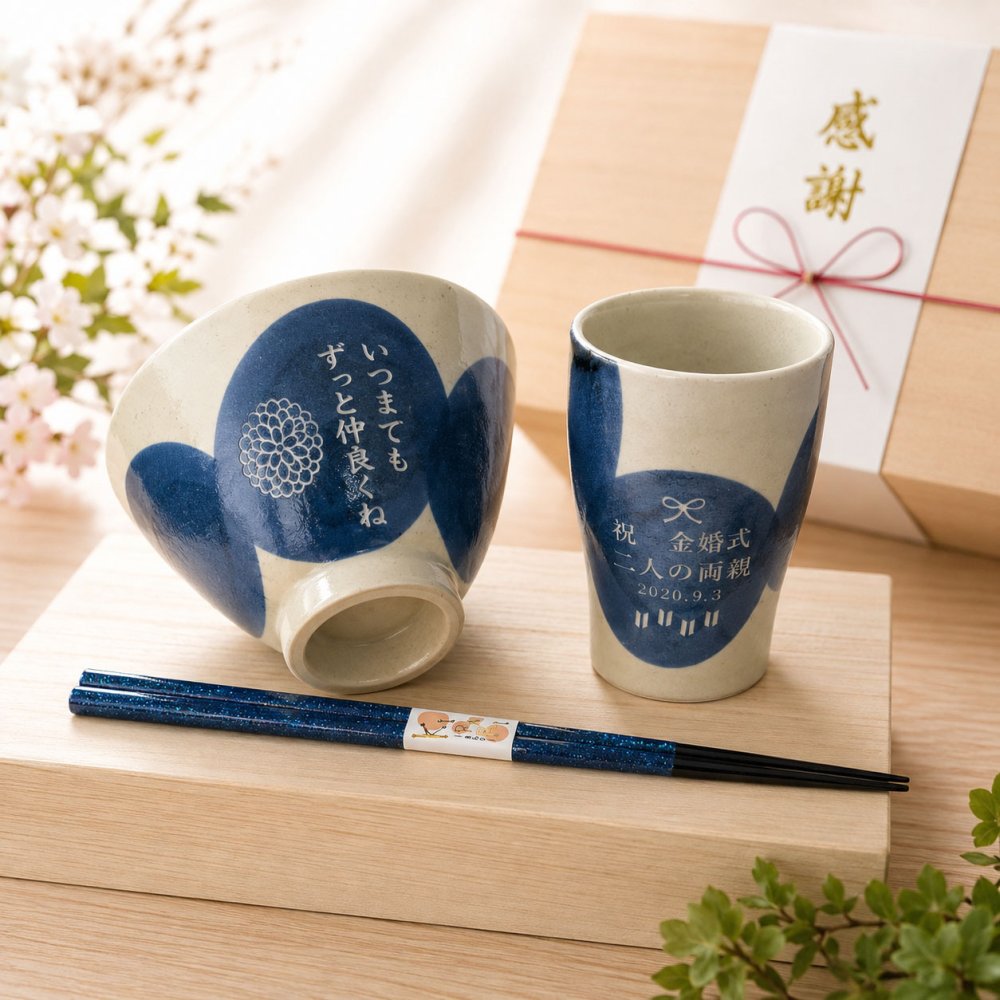 名入れ ギフト SXX 波佐見焼 食器セット 円 MADOKA 茶碗　湯呑 と おまかせ箸 赤 青 3点　お一人様セット　木箱入り