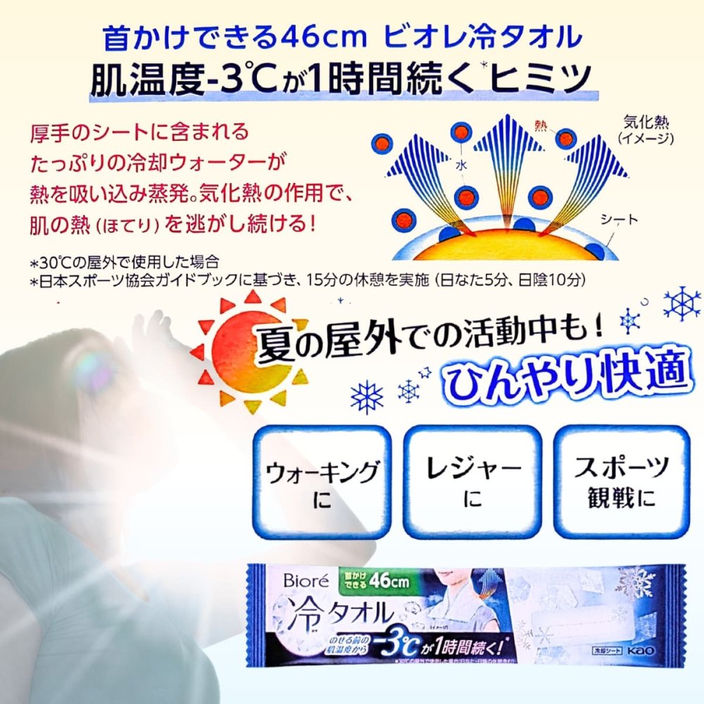 ビオレ冷タオル15包入り(1枚づつ個包装: 5包×3袋) 首かけできる 大判シートサイズ: 46cm 無香性 日本製 冷却シート #56367