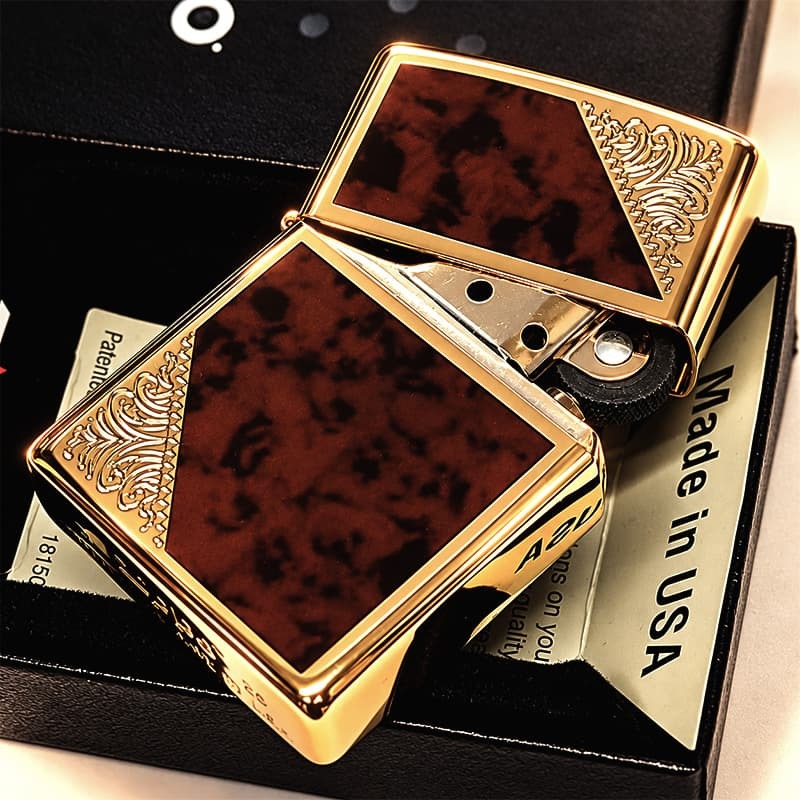 ZIPPO ライター ジッポ ゴールド＆ブラウン クラシック アラベスク 両面加工 マーブル柄 金タンク かっこいい ギフト メンズ プレゼント