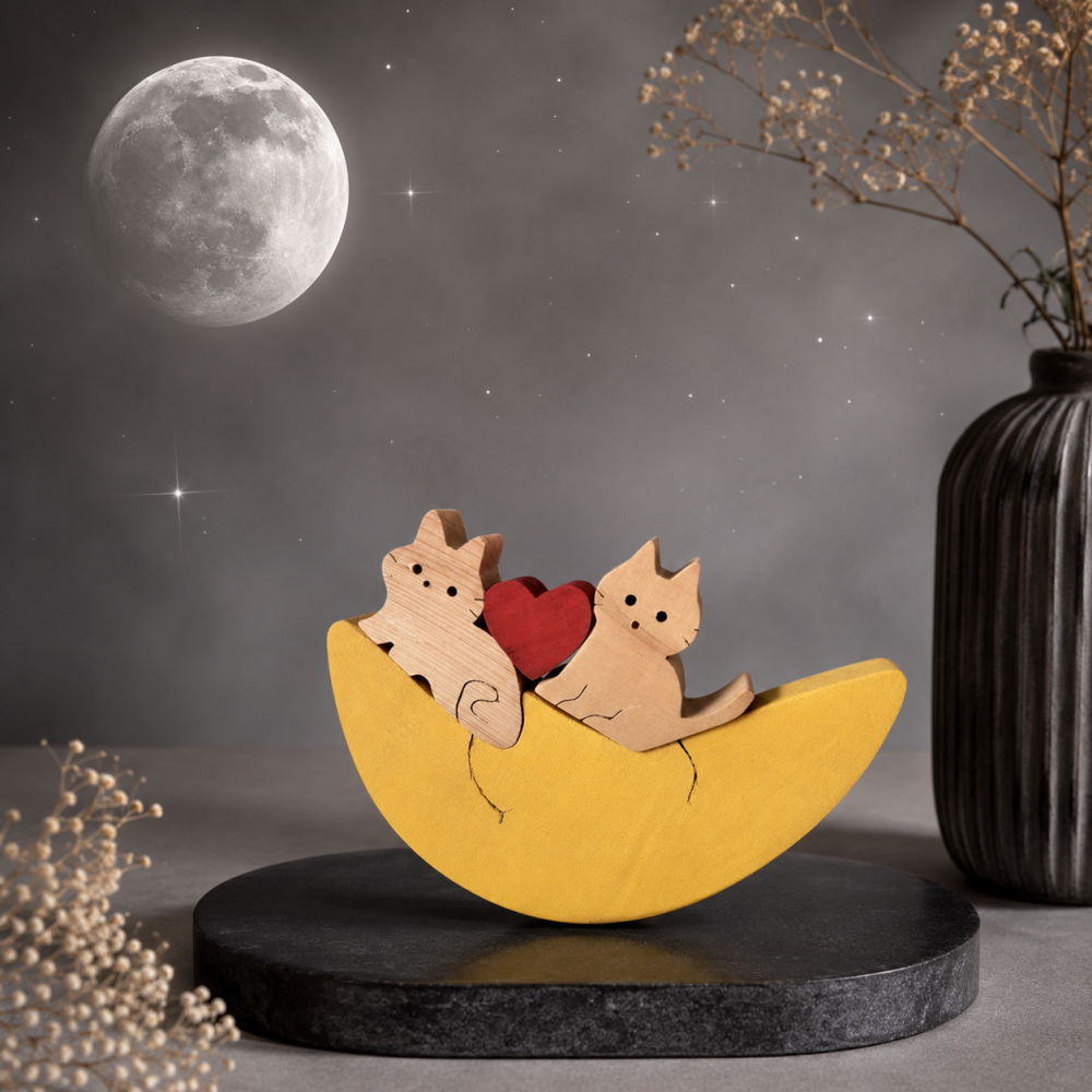 月のねこの木製組み木｜月とねこの置き物｜和風インテリア・季節の飾り｜ハンドメイド