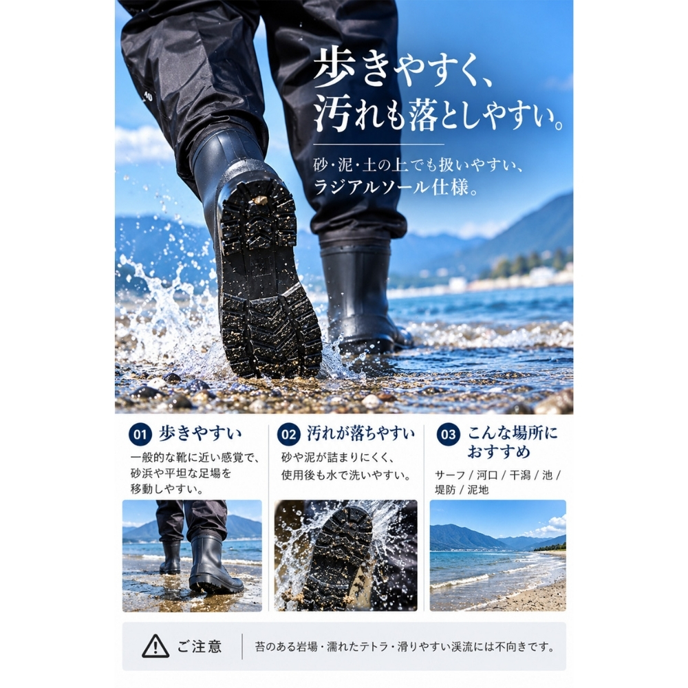 GranWalker グランウォーカー ショートブーツ チェストハイウェーダー ラジアルソール 軽量 完全防水 釣りグッズ 渓流 サーフ アウトドア用 キャンプ