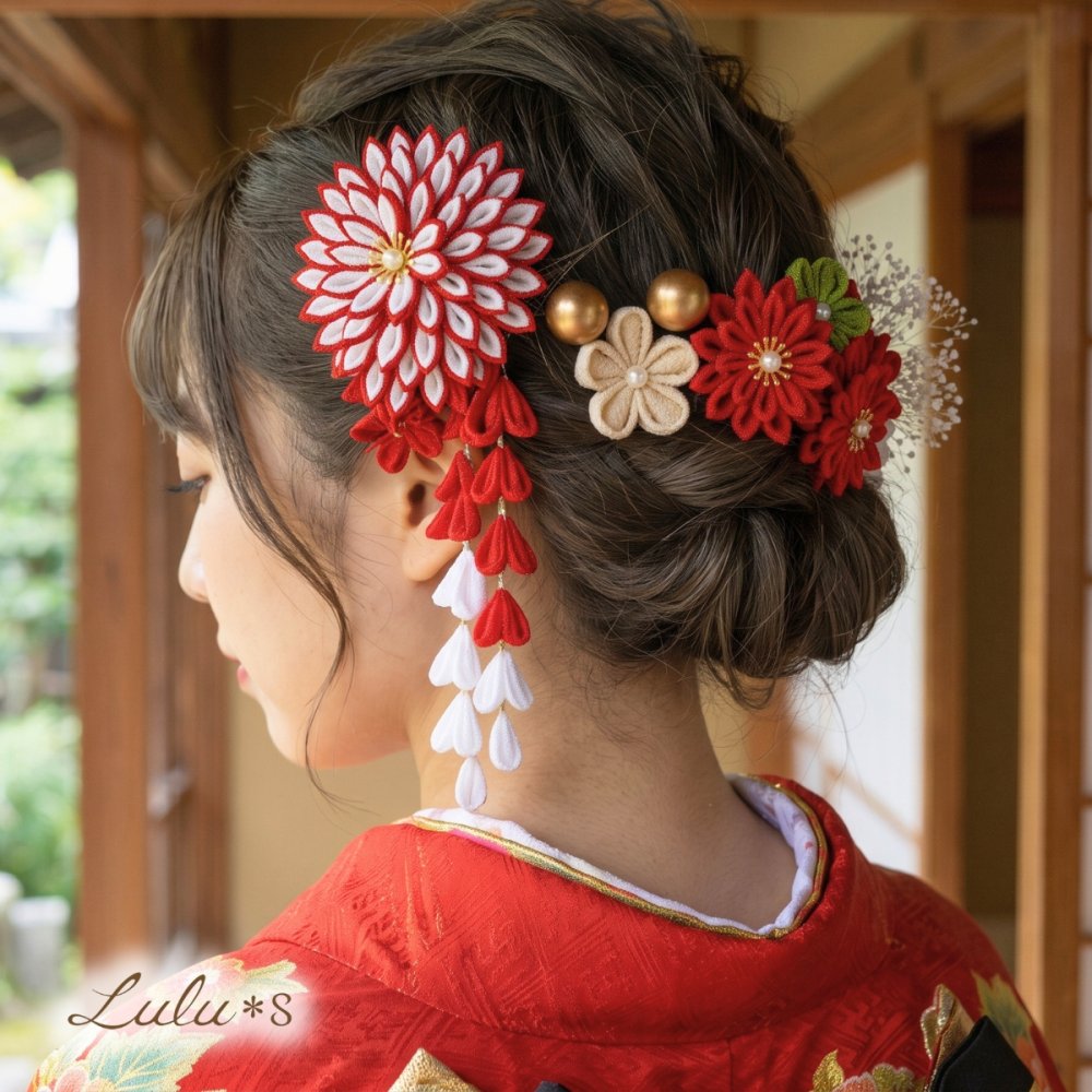 ハレの日を祝うギフト つまみ細工 髪飾り 11点セット 豪華 ダリア かすみ草 藤下がり 成人式 卒業式 結婚式 七五三 振袖 袴 着物 白無垢 前撮り プレゼント 贈り物 ルルズ Lulu＊s