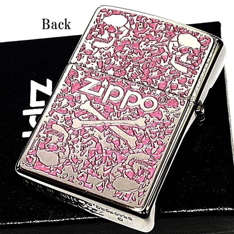 ZIPPO ライター スカル 細密メタル 両面加工 シルバー＆ピンク ジッポ ロゴ ドクロ 裏面柄違い 彫刻 ガイコツ おしゃれ かっこいい メンズ プレゼント ギフト