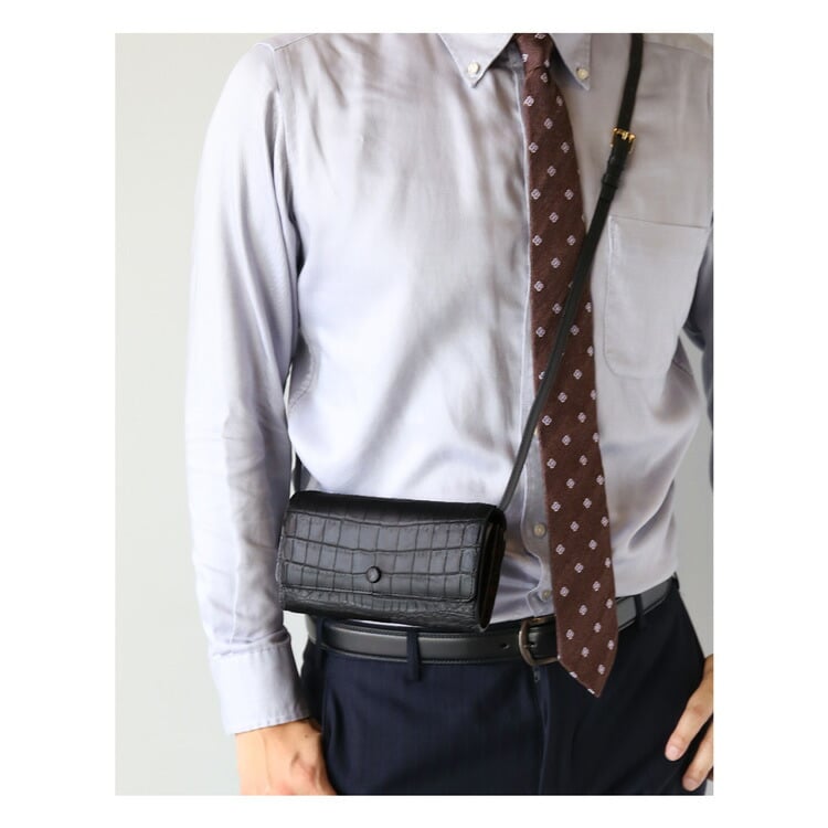 ショルダーバッグ 肩掛け財布 クラッチバッグ ショルダーウォレット 長財布 3way クロコダイル 本革 お財布 財布バッグ 長財布 斜め掛け 肩掛け  メンズ ブラック ボタニカル柄 アンティーク柄 上品 個性的 高級感 上質感 4FA (06001983-mens-1r)