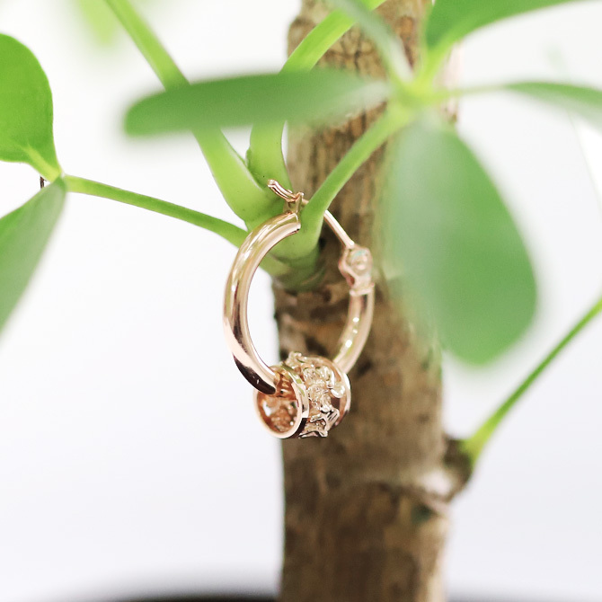 ハワイアンジュエリー フープピアス ピアス ピンクゴールド ピアス 外径15mm クロッシングピアス ハイビスカス 透かし バレル 樽 ゴールド 揺れる 片耳(1個)購入可 K14ピンクゴールド 14K 20G ゲージ BY THE SEA バイザシー プレゼント ハロウィン 【品番：GE222R】