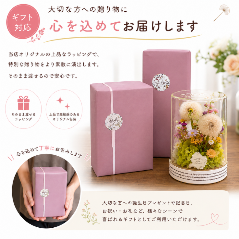 幸せを運ぶ たんぽぽの綿毛 ボトルフラワー ／プリザーブドフラワー タンポポ ドライフラワー ナチュラル インテリア おしゃれ 植物標本 花ギフト プレゼント