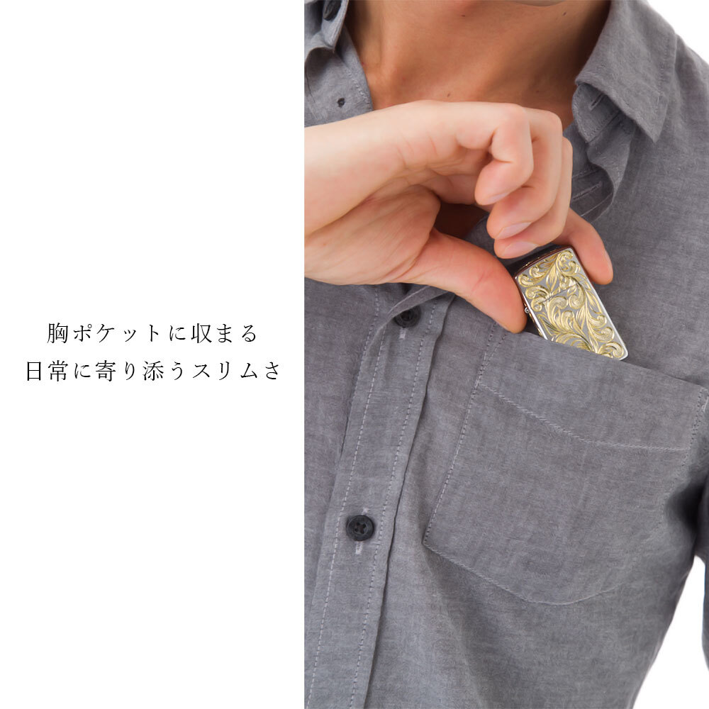 Zippo ライター ジッポライター 愛煙家 喫煙 真鍮 クロムサテーナ クロムメッキ スリムタイプ #1600 スクロール プルメリア 5面手彫り ハワイアンジュエリー おしゃれ かっこいい ジッポーライター BY THE SEA バイザシー 彼氏 夫 男性 メンズ ハロウィン 【品番：FL104C】