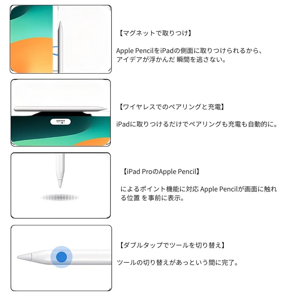 Apple Pencil Pro (アップルペンシル プロ) MX2D3ZA/A ペアリングや充電はワイヤレス 接続:Bluetooth 探すアプリで紛失時の位置を特定 iPadOS:17.5以降 長さ:166 mm 直径:8.9 mm 重量:19.15 g ※パッケージデザインは予告なく変更されることがございます。