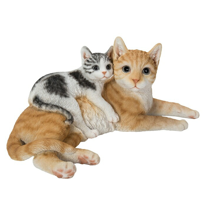 置物 猫 腹ばいの親子猫 茶トラ 子猫 幅32cm woobia ウービア リアル かわいい おしゃれ 玄関 インテリア オブジェ ガーデン 親子 ペア 二匹 ふたご 動物 ネコ 癒し 北欧 リビング プレゼント ギフト 新築祝い 猫好き