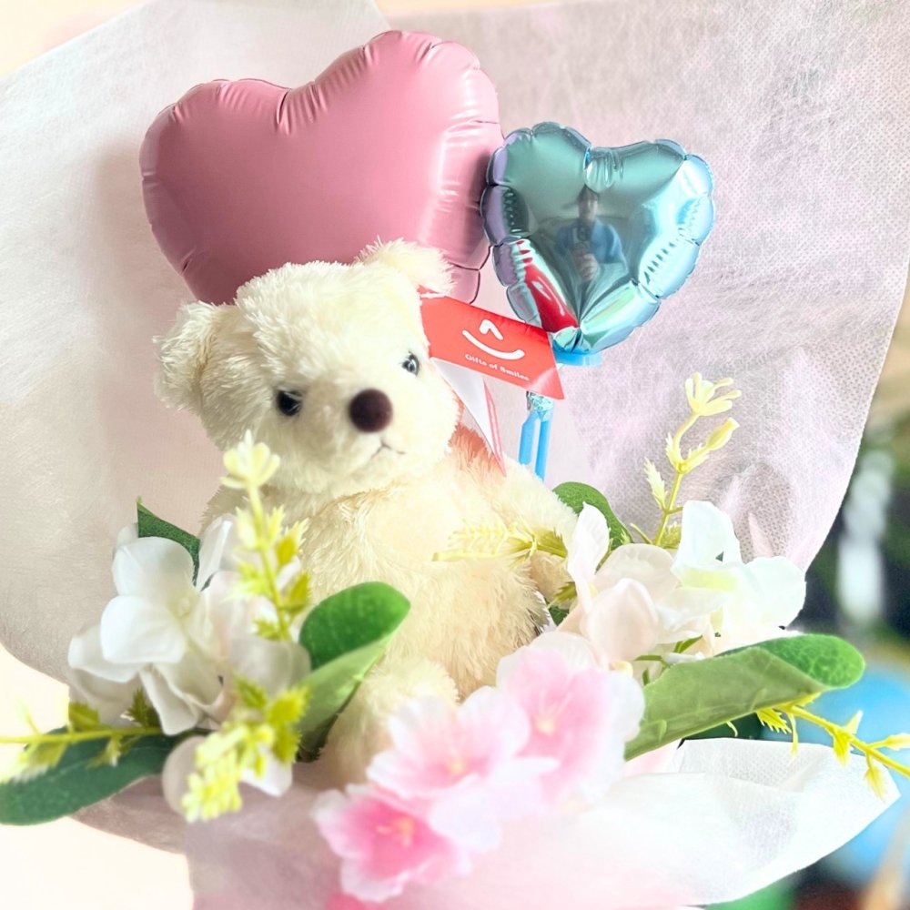 くま入り バルーンフラワーブーケ 花束 ハートバルーン ギフト 誕生日 プレゼント 発表会 卒業祝い 入学祝い 結婚祝い 記念日 女性 女友達 子供 お祝い ぬいぐるみ おしゃれ かわいい バルーンブーケ フラワーギフト ピンク ブルー ブラウン