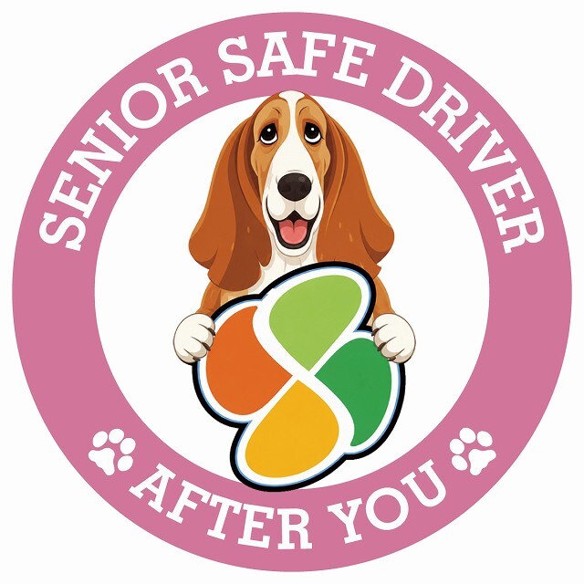カーサイン 高齢者マーク SENIOR SAFE DRIVER バセットハウンド ステッカー シール 直径13cm 肉球 日本製 車