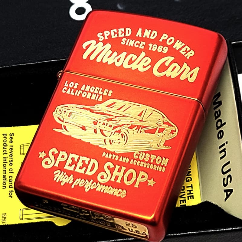 ZIPPO 車 クラシック ジッポ ライター マット加工 かっこいい レッド＆ ゴールド MUSCLE CAR アメリカン ビンテージ 彫刻 おしゃれ 艶消し 赤金 ギフト メンズ プレゼント