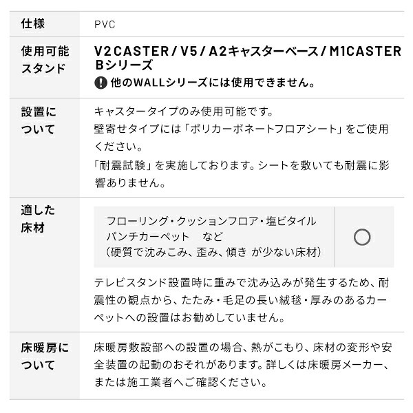 WALL V2 CASTER/V5/A2対応キャスターモデル用床保護マット スクエアタイプ(Lサイズ) テレビ台 テレビスタンド 部品 パーツ フローリング 床保護パネル 床 シート 傷防止 キズ防止 汚れ防止 保護 WALLオプション 追加オプション 新生活