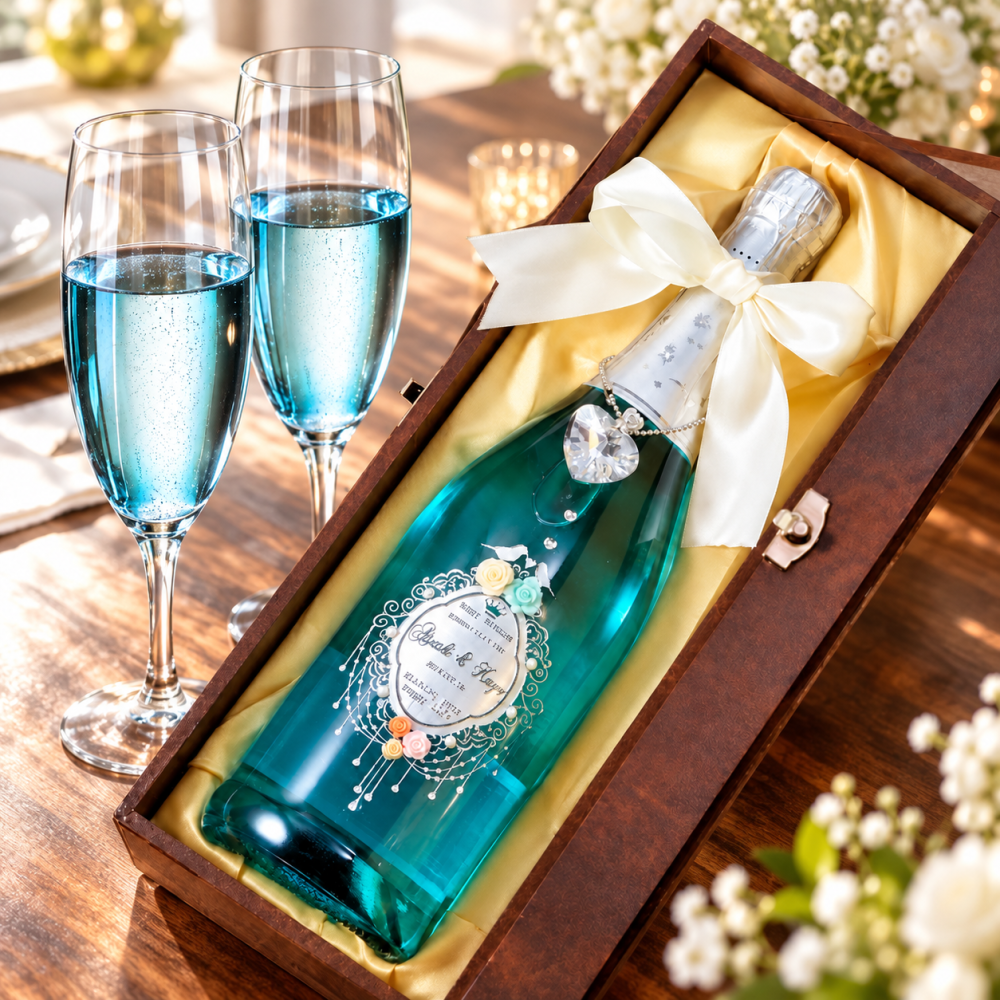 卒業 退職 名入れ ギフト SXX スパークリングワイン シャンパン ラ・ヴァーグ・ブルー 750ml デコ仕上げ リボン・クリスタルハートチャーム付 レザー風BOX入り