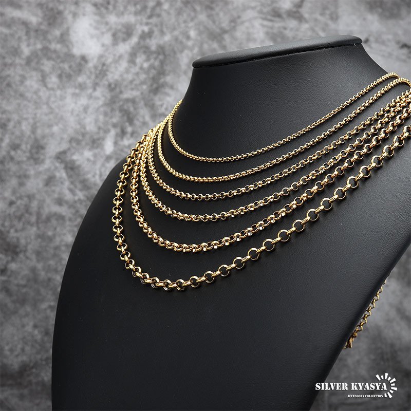 ゴールド ロールチェーンネックレス ステンレスチェーン 金 gold Roll Chain 幅 長さ 太め 細め 切れにくい 錆びにくい 剥がれにくい チェーンの種類 父の日
