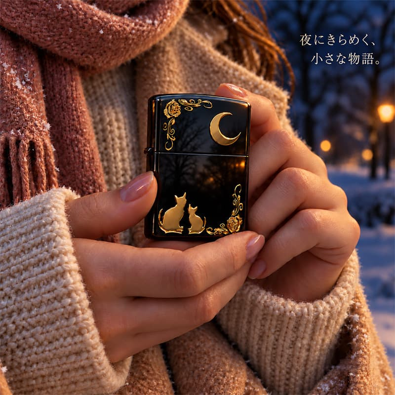 ZIPPO ライター ネコ ブラック ゴールド ジッポ 猫 可愛い 黒金 月 薔薇 女性 レディース ねこ かわいい おしゃれ バラ ギフト プレゼント