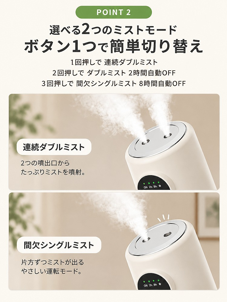 【ラッピング無料】卓上加湿器 コードレス ダブルミスト 充電式 超音波式 280ml USB Type-C 角度調整 ナイトライト 小型 コンパクト ホワイト 乾燥対策 誕生日 ギフト プレゼント
