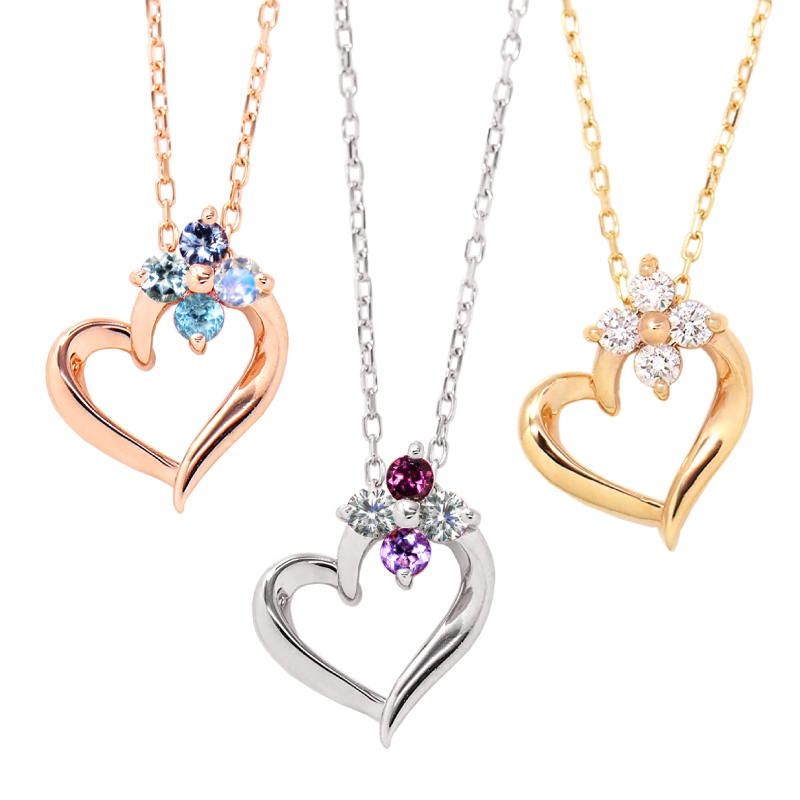 オーダーメイド オープンハート ネックレス 誕生石 2.0mm 4石 花 フラワー ハート Ties K18 18金 18K K10 10金 10K プラチナ 女性 レディース 誕生日 記念日 プレゼント ギフト 誕生日プレゼント 20代 30代 40代 妻 彼女 天然石 ダイヤモンド ダイヤ 小さい 小さめ ピンクゴールド ゴールド 選べる アクセサリー アレルギー対応 金属アレルギー