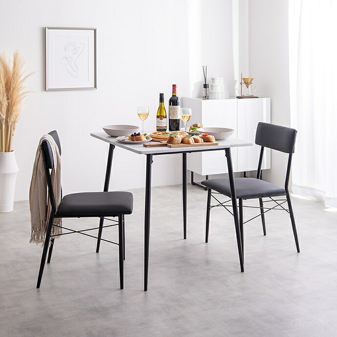 ダイニング家具 【3点セット】 ダイニングテーブルセット 食卓 チェア 椅子 机 リビング カフェ 大理石 石目柄 一人暮らし 一人用 黒脚 幅70 2人掛け 3点 在宅 リモートワーク 軽量 いす イス 正方形 PVC スチール