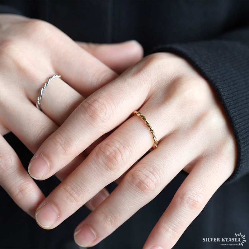 ステンレス ダブル ツイストリング ひねりリング 細身 個性的 ねじりリング ゴールド 18K GP シルバー レディース 女性 指輪 金属アレルギー対応