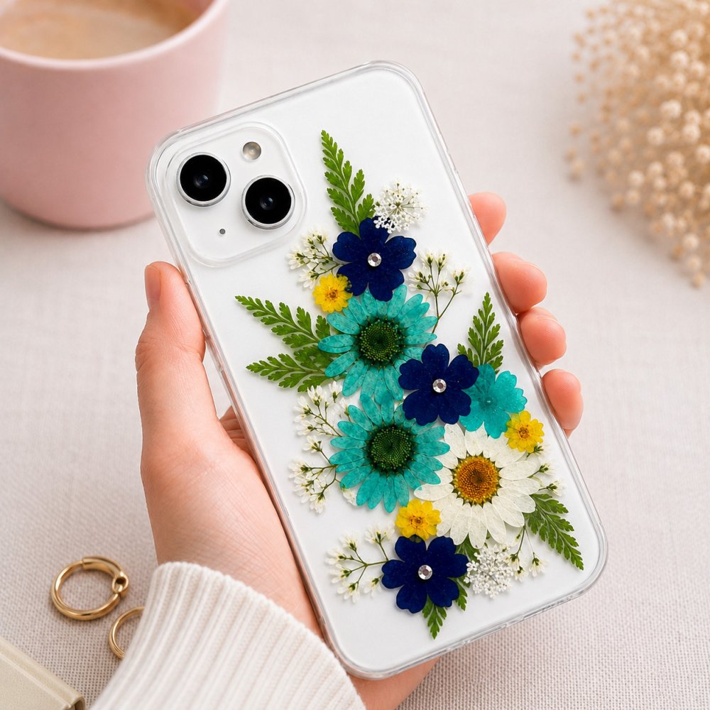 【ほぼ全機種対応スマホケース❁】押し花スマホケース NO.518（ブルー）（着日指定不可） 押し花＆レジン iPhone/Xperia/AQUOS/Galaxy他