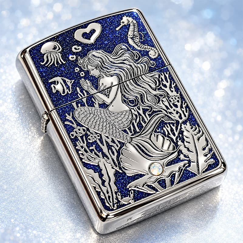 ZIPPO ライター アーマー ジッポ マーメイド ラグーン シルバー×グリッターブルー 鏡面 Mermaid Lagoon スワロフスキー かっこいい おしゃれ メンズ ギフト 動画有り プレゼント