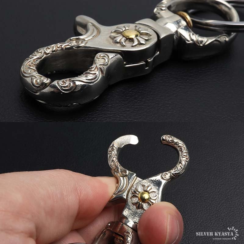 唐草キーリング クロスキーリング キーホルダー キーフック クリップ キーチェーン ゴールド シルバー ベルトループ アラベスク 十字架 フレア 重厚感 鍵 小物