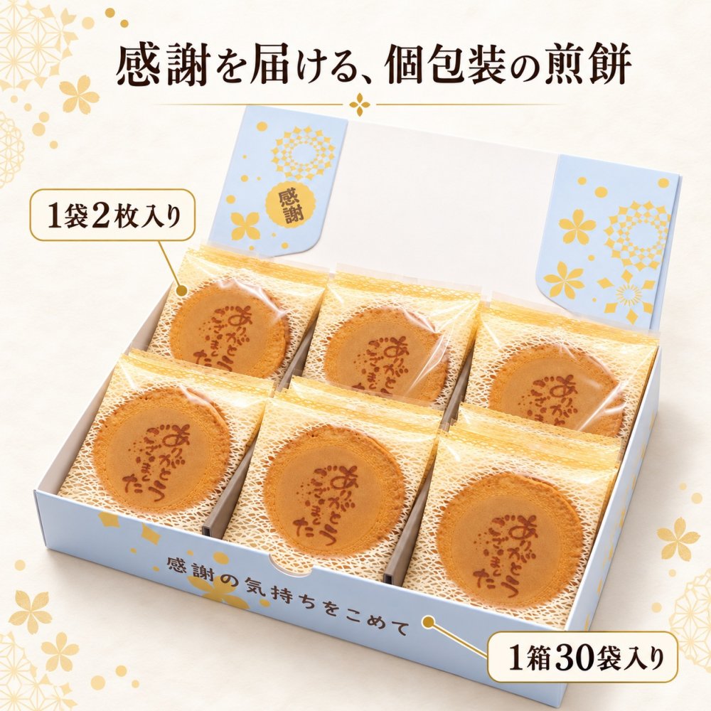 【即日発送・送料無料】選べるメッセージ煎餅 30袋入り（個包装2枚×30）感謝 ギフト お礼 挨拶 退職 送別 転勤 異動 卒業 引っ越し 職場配布 プチギフト 大量 手土産 結婚式 内祝い 母の日 父の日 敬老の日 お中元 お歳暮 ノベルティ対応可
