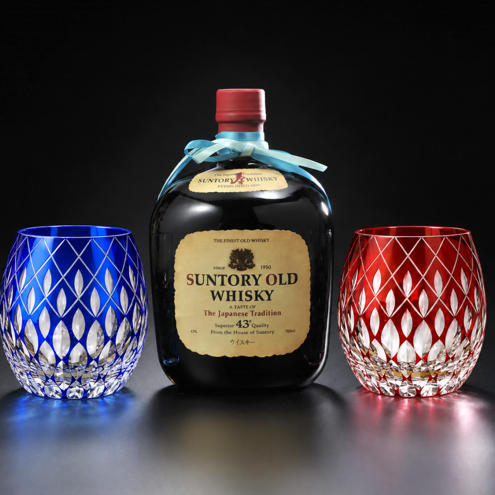 退職 異動 名入れ ペアギフト SXX 酒セット サントリーウイスキーオールド 700ml & 切子 丸型ロックグラス 玉響 青 赤 2点 リボン付 木箱入り / プレゼント ギフト 両親 夫婦 結婚 金婚式 銀婚式 退職 記念 誕生日 長寿 祝い 数量限定
