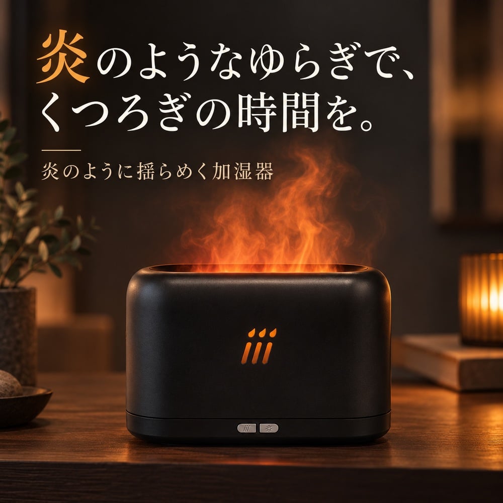 加湿器 炎 ゆらぎ 180ml 卓上 アロマ対応 アロマディフューザー 超音波式 LED 上から給水 上部給水 おしゃれ べランピング ギフト プレゼント 父の日 母の日 敬老の日 ベッドルーム ベッドサイド 間接照明
