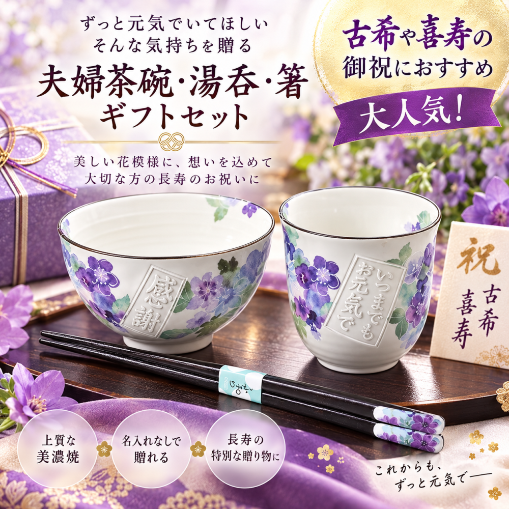 敬老の日 退職 名入れ SXX 食器セット 花工房 茶碗 & 湯呑 & 箸 お一人様3点セット / プレゼント ギフト 退職 記念 誕生日 古希 喜寿 長寿 祝い 70歳 77歳 紫 パープル 陶器