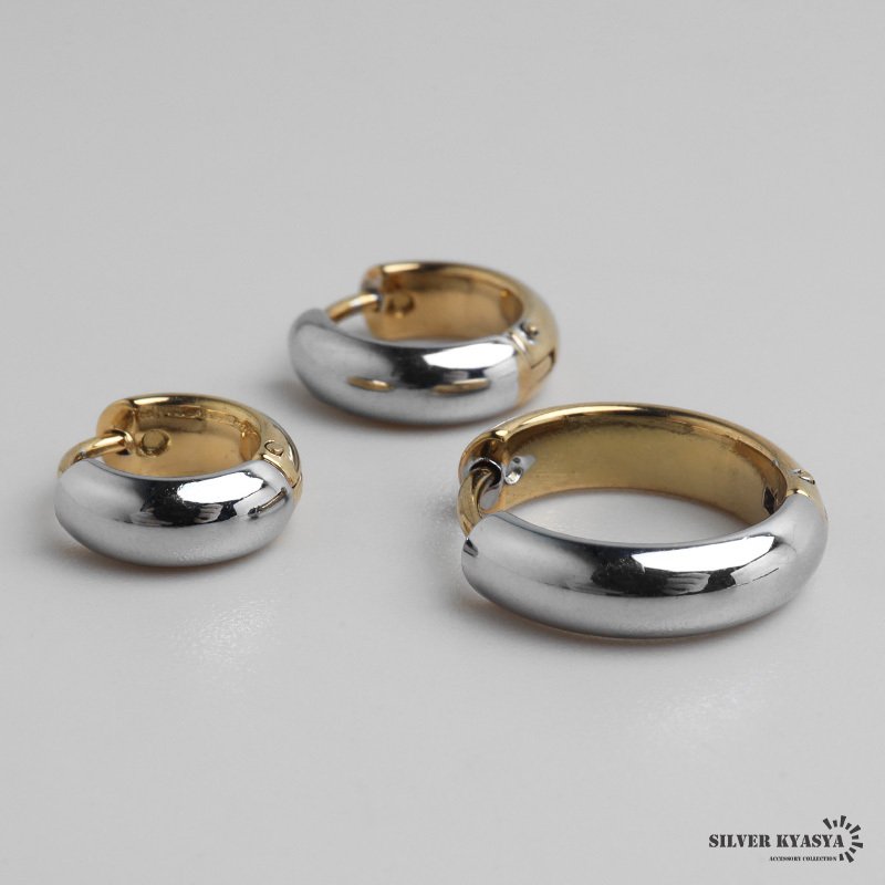 ステンレス 定番 フープピアス コンビ シンプルピアス ゴールド ミックス バイカラー シルバー 幅4mm 3サイズ プチプラ メタル 小さめ 細身 プレーン ノーマル つやつや 両耳2点 レディース イヤリング 女性 金属アレルギー対応