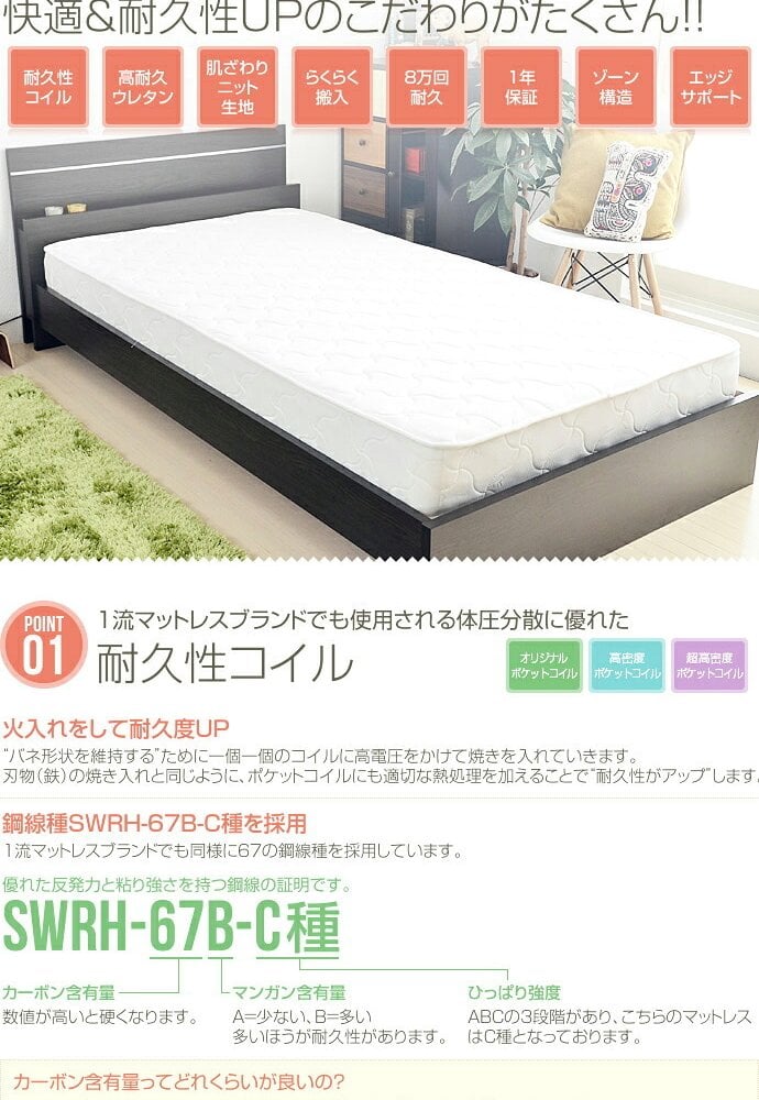 ベッド 寝具 マットレス セミダブル 超高密度ハイグレードポケットコイルマットレス マット ベットマット セミダブルサイズ 寝心地 シンプル 快眠 送料無料