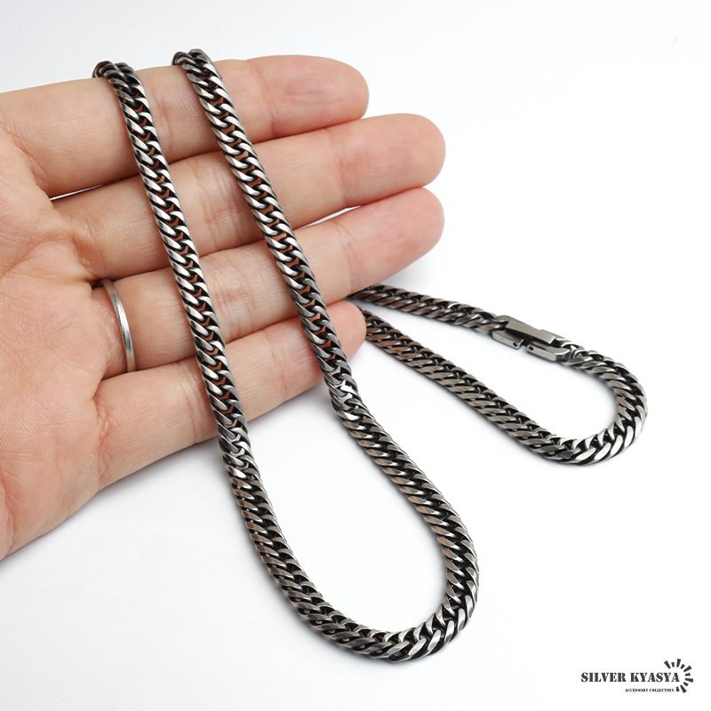 ステンレス 定番 ダブル喜平ネックレス 幅6mm 細身 チェーンネックレス メンズネックレス 6面カット 燻し アンティークシルバー 45cm 50cm 60cm 細め シンプル 王道 中折れ式 存在感 男性 金属アレルギー対応