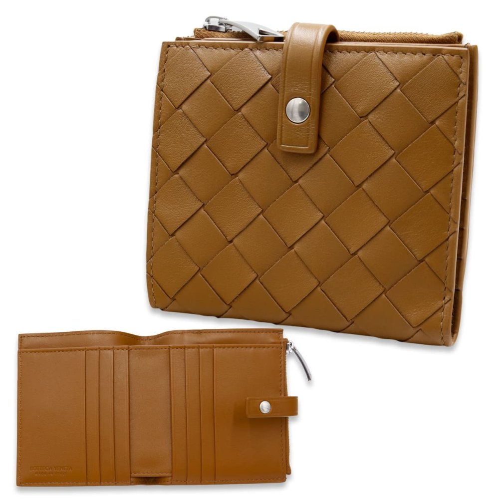 ボッテガヴェネタ BOTTEGA VENETA 二つ折り財布 レディース イントレチャート キャメル ブラウン 茶 小銭入れ付き ミニ財布 本革 ラムレザー ファスナー小銭入れ カード入れ6つ 600270 V48A1 2596