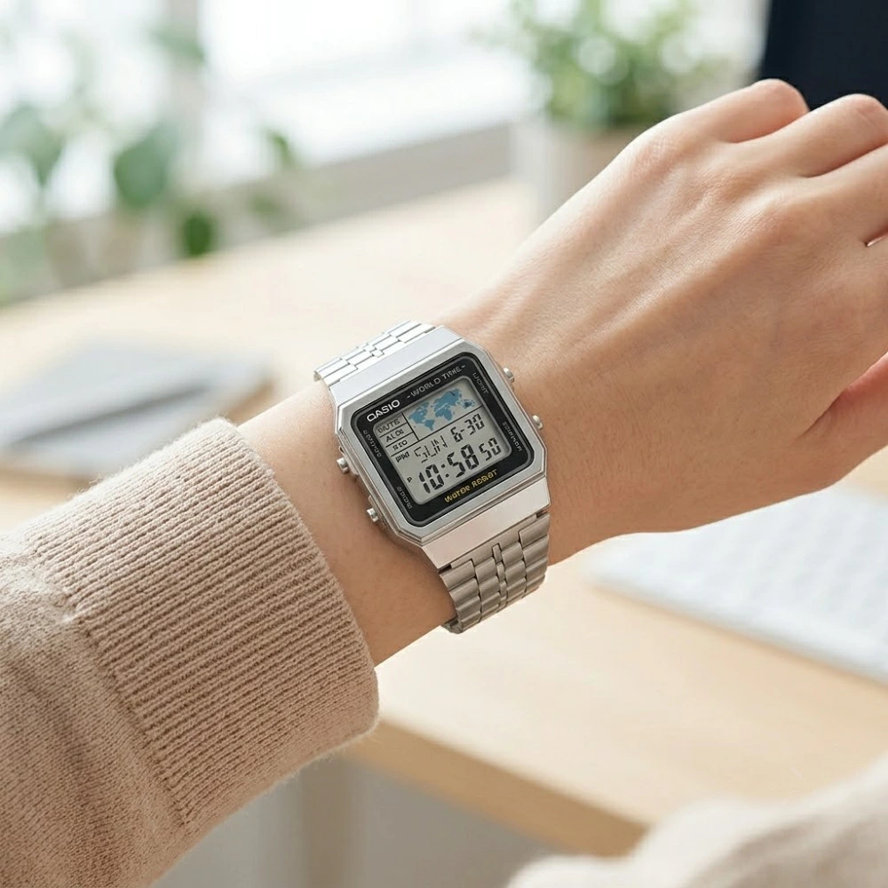 箱なし カシオ 腕時計 メンズ レディース CASIO デジタル シルバー メタル 海外モデル 逆輸入 ワールドタイム 世界地図 レトロ スクエア ストップウォッチ タイマー アラーム LEDライト 誕生日 プレゼント ギフト 成人 卒業 入学
