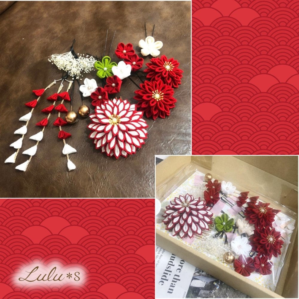 ハレの日を祝うギフト つまみ細工 髪飾り 11点セット 豪華 ダリア かすみ草 藤下がり 成人式 卒業式 結婚式 七五三 振袖 袴 着物 白無垢 前撮り プレゼント 贈り物 ルルズ Lulu＊s