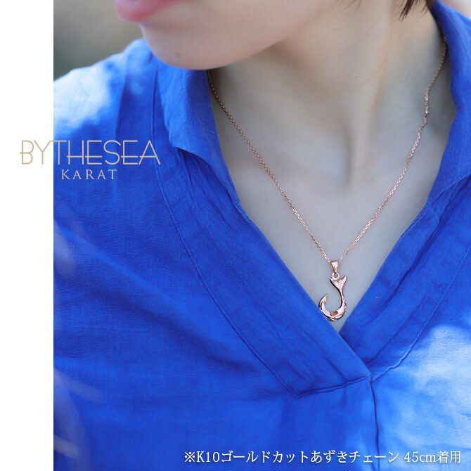 ゴールド ネックレス ハワイアンジュエリー フィッシュフック モアナ ピンクゴールド ネックレス 刻印 無料 誕生石入れ可 幸せを釣上げる 14K K14 K10カットあずきチェーン太さ0.9mm ギフトラッピング可能 プレゼント ハロウィン 【品番：CG-GP113R-228SDC4】